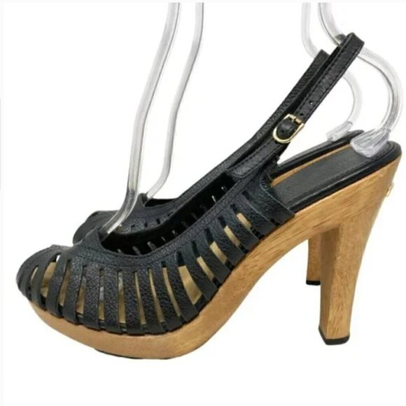 Michael Kors Black Huarache Leather Slingback Peep Toe Platform Sandal  Size 9 - Picture 2 of 9